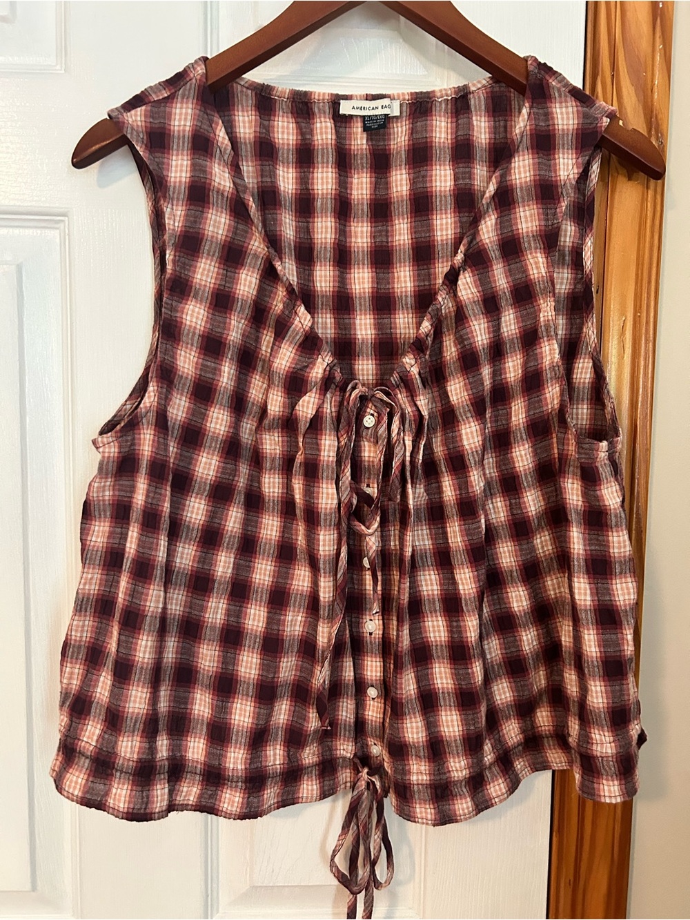 American Eagle Burgundy and Cream Plaid Tie-Front top